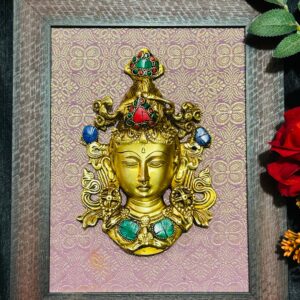 Brass Devi Tara Mask Wall-Hanging in stone work with Framed 13 x 10 inch